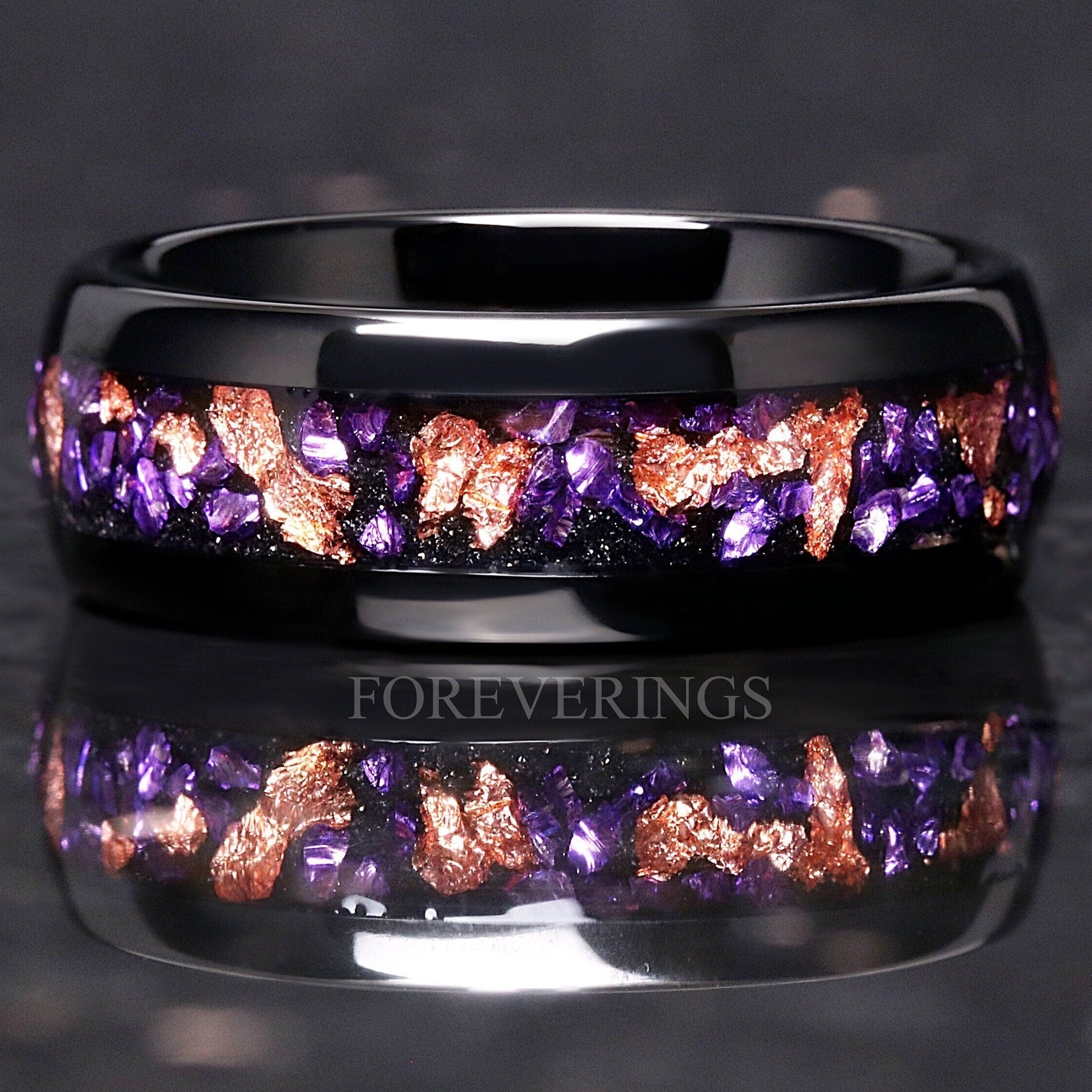 Alexandrite and Rose Gold Foil Wedding Band, Color Changing Ring, Black Tungsten Ring, Dome, Polish, Comfort Fit