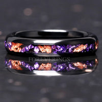 Purple Amethyst Wedding Band, Black Tungsten Ring with Gold Foil, 4mm Dome Comfort Fit, Polished Purple Ring for Women or Men, Unique Gift