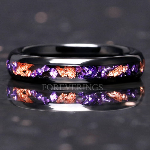 Purple Amethyst Wedding Band, Black Tungsten Ring with Gold Foil, 4mm Dome Comfort Fit, Polished Purple Ring for Women or Men, Unique Gift
