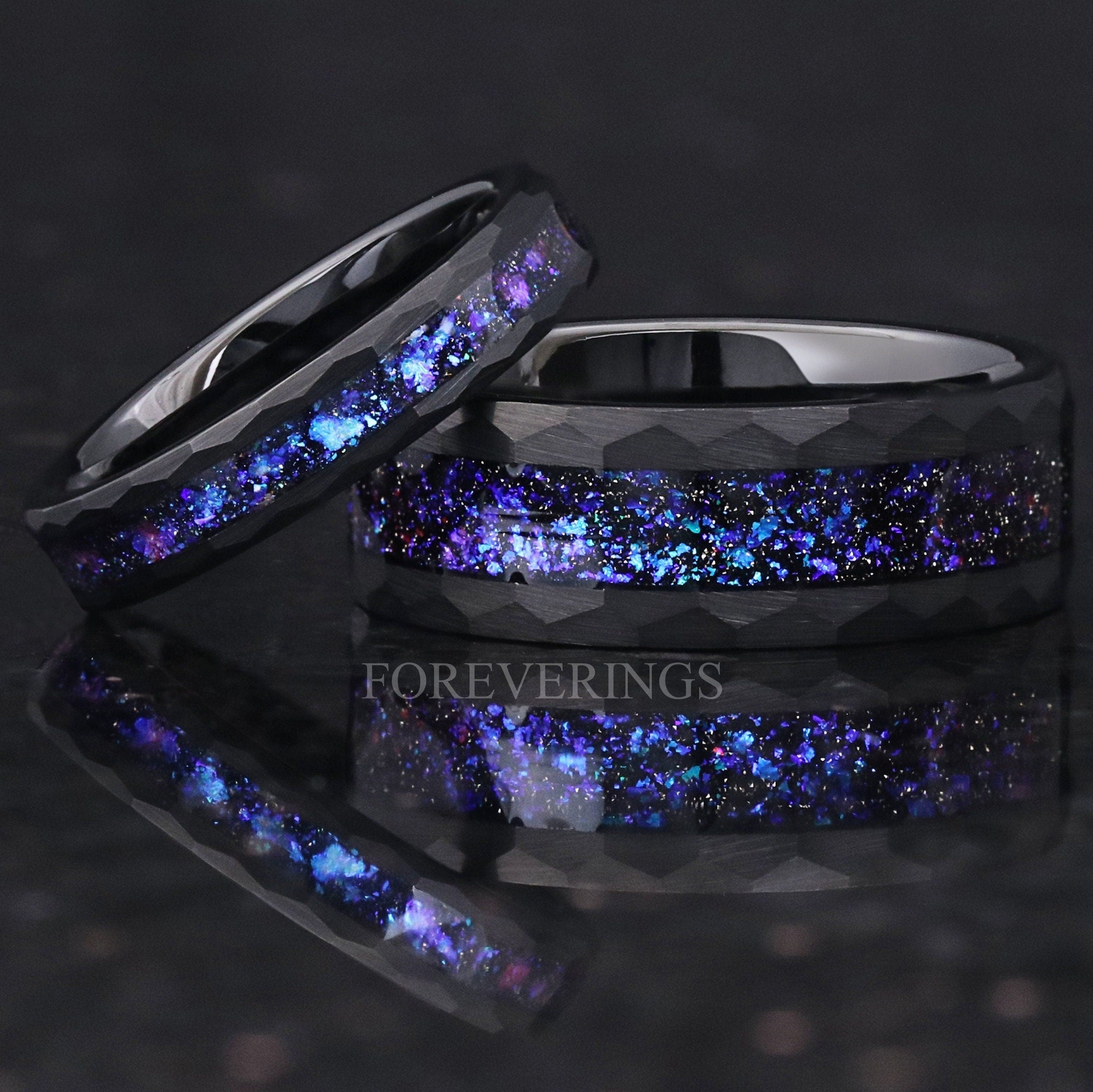 Orion Nebula Ring Set Hammered, His and Her Wedding Band, Black Tungsten, Blue Space Ring, 8mm 4mm Matching Band, Couple Engagement Ring Set