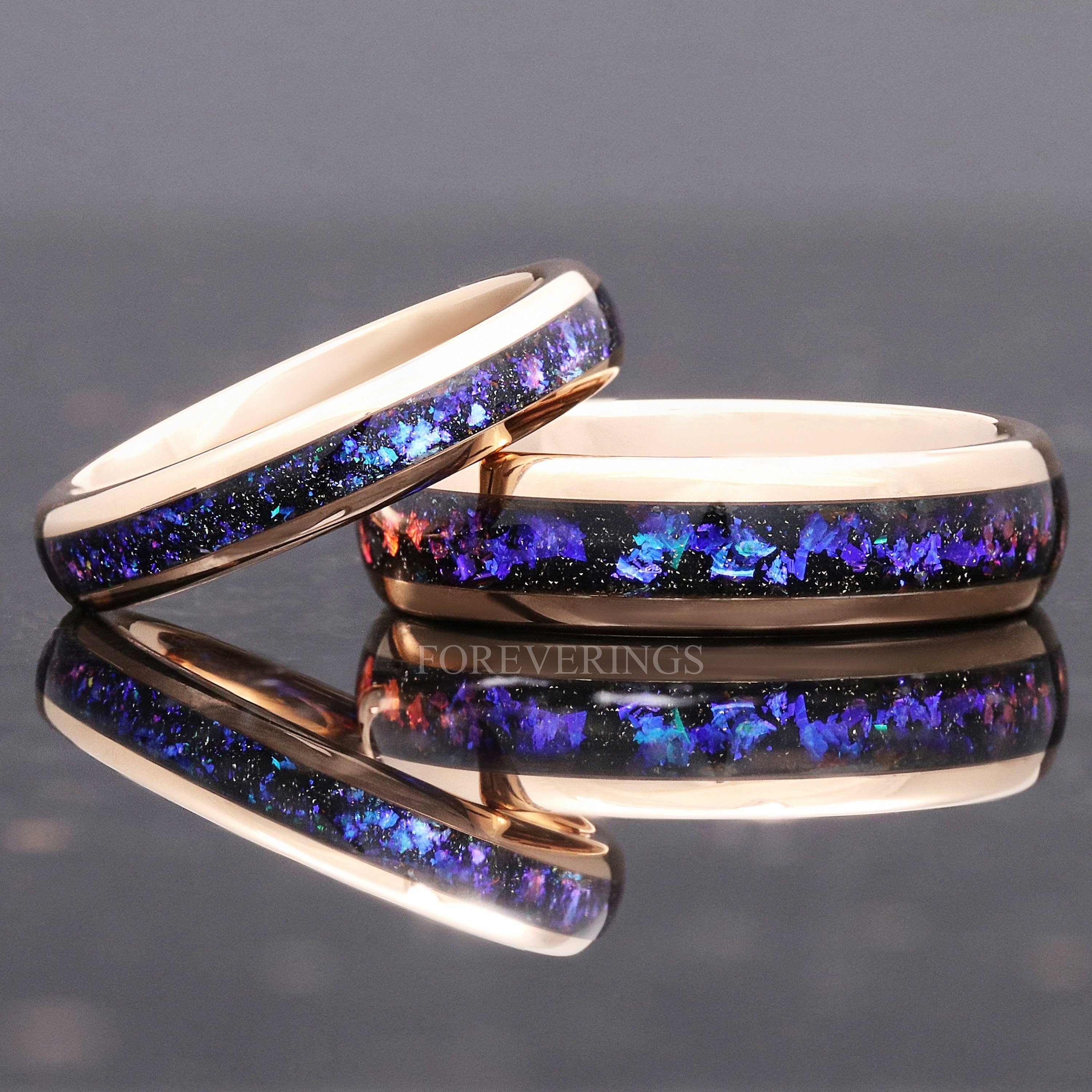 Orion Nebula Ring Set Rose Gold, His and Hers Wedding Band, 6mm & 4mm Tungsten Ring Set, Outer Space Couples Ring, Blue Nebula, Ring Engrave