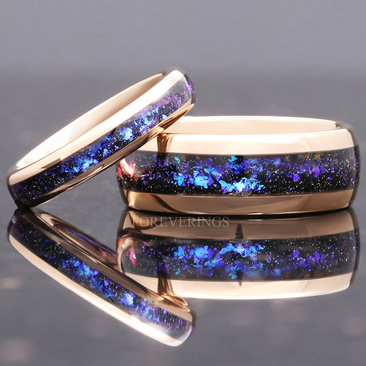Orion Nebula Ring Set Rose Gold, His and Hers Wedding Band, 8mm & 4mm Tungsten Ring Set, Outer Space Couples Ring, Blue Nebula, Ring Engrave