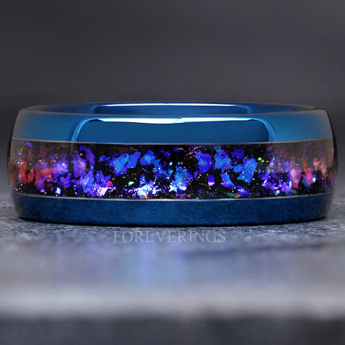Men's 8mm blue tungsten wedding band with Orion nebula sandstone inlay, shown straight on