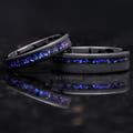 Matching sandblasted black tungsten couples ring set with Orion nebula sandstone inlay, 6mm and 4mm
