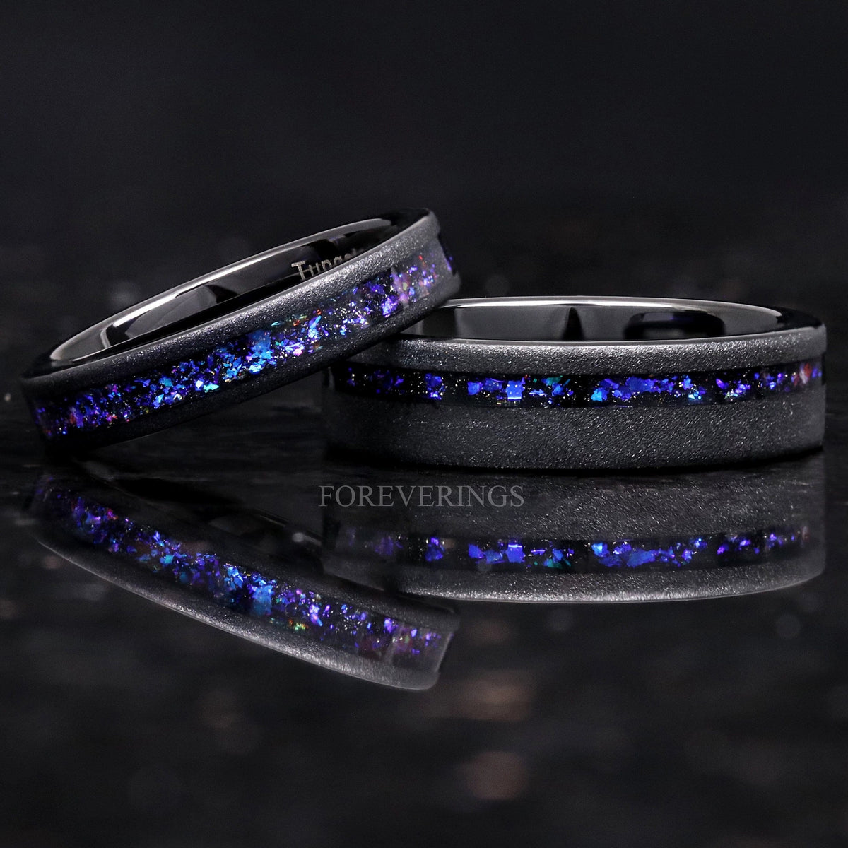 Orion Nebula Ring Set, His and Hers Tungsten Wedding Band, 6mm & 4mm Black Ring, Outer Space Couples Ring, Sandblasted, Flat, Comfort Fit