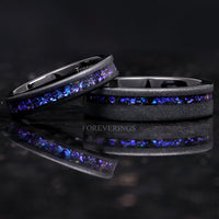 Orion Nebula Ring Set, His and Hers Tungsten Wedding Band, 6mm & 4mm Black Ring, Outer Space Couples Ring, Sandblasted, Flat, Comfort Fit