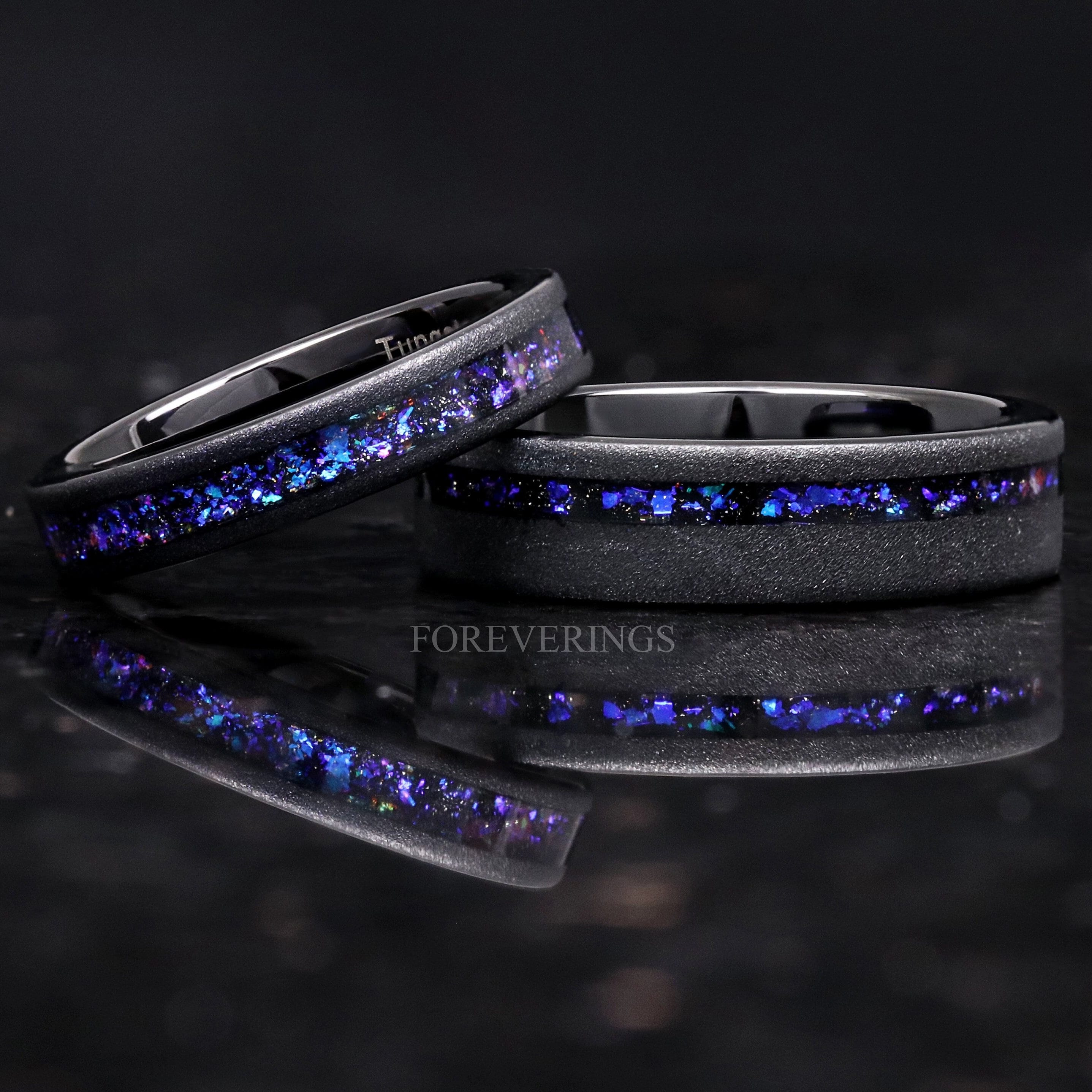 Orion Nebula Ring Set, His and Hers Tungsten Wedding Band, 6mm & 4mm Black Ring, Outer Space Couples Ring, Sandblasted, Flat, Comfort Fit