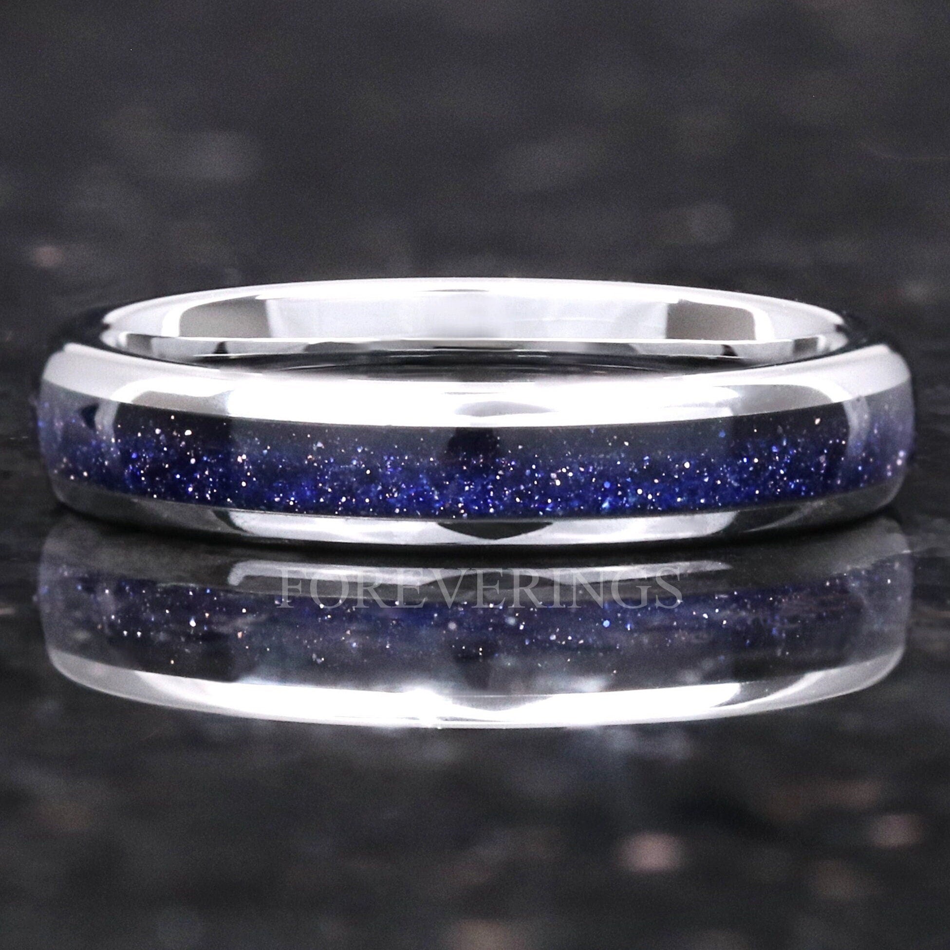 Great Rift Nebula Ring, Silver Tungsten Wedding Band, Women Men Ring, 4mm Silver Ring, Dome, Polish, Comfort Fit, Blue Sandstone Ring