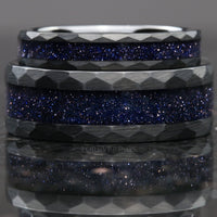 Great Rift Nebula Black Hammer Ring Set, Tungsten Wedding Band, 8mm & 4mm Ring, Space Couples Ring, Brushed, Flat, Blue Sandstone Ring Set