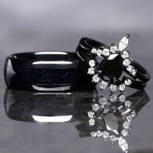 Black Onyx Ring Set, His and Hers Wedding Band, Couples Rings, His Black Tungsten and Her Black 925 Silver Ring Set, Pear Cut