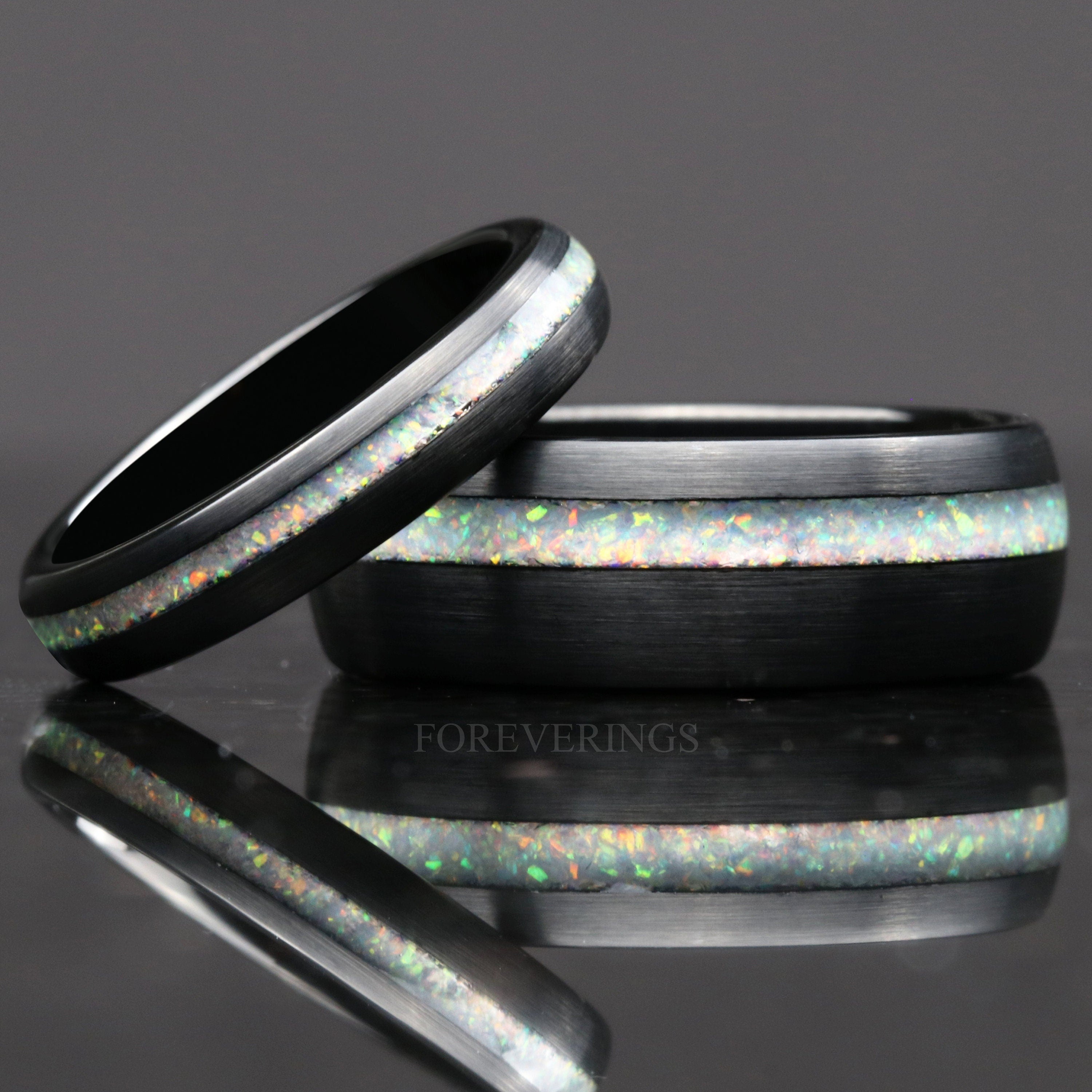 His and Hers Tungsten Wedding Band, Crushed White Fire Opal Ring, 8mm & 4mm Black Tungsten Ring Set, Couples Ring, Brush, Dome, Comfort Fit