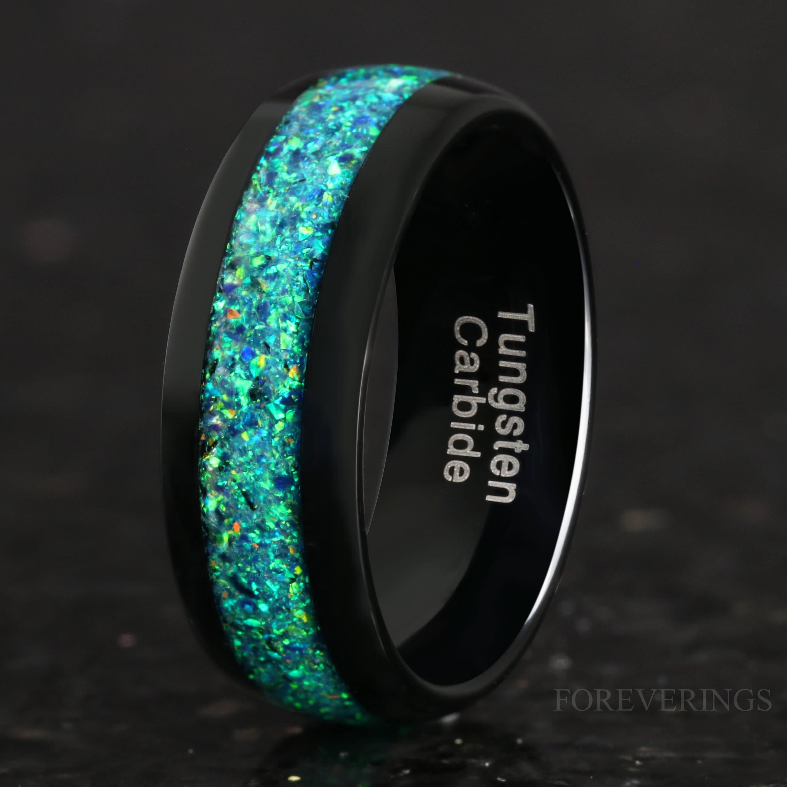 Emerald Coast Ring, 8mm Tungsten Wedding Band, Black Emerald Opal Ring, Black Tungsten Ring, Polish, Dome, Comfort Fit, Gift for Him