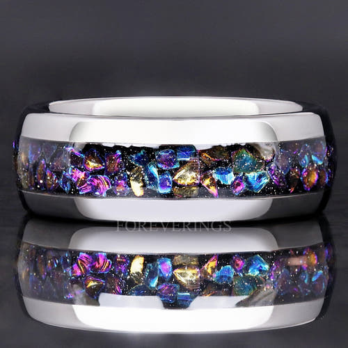 Silver tungsten Veil nebula ring with iridescent moonstone inlay, shown straight on
