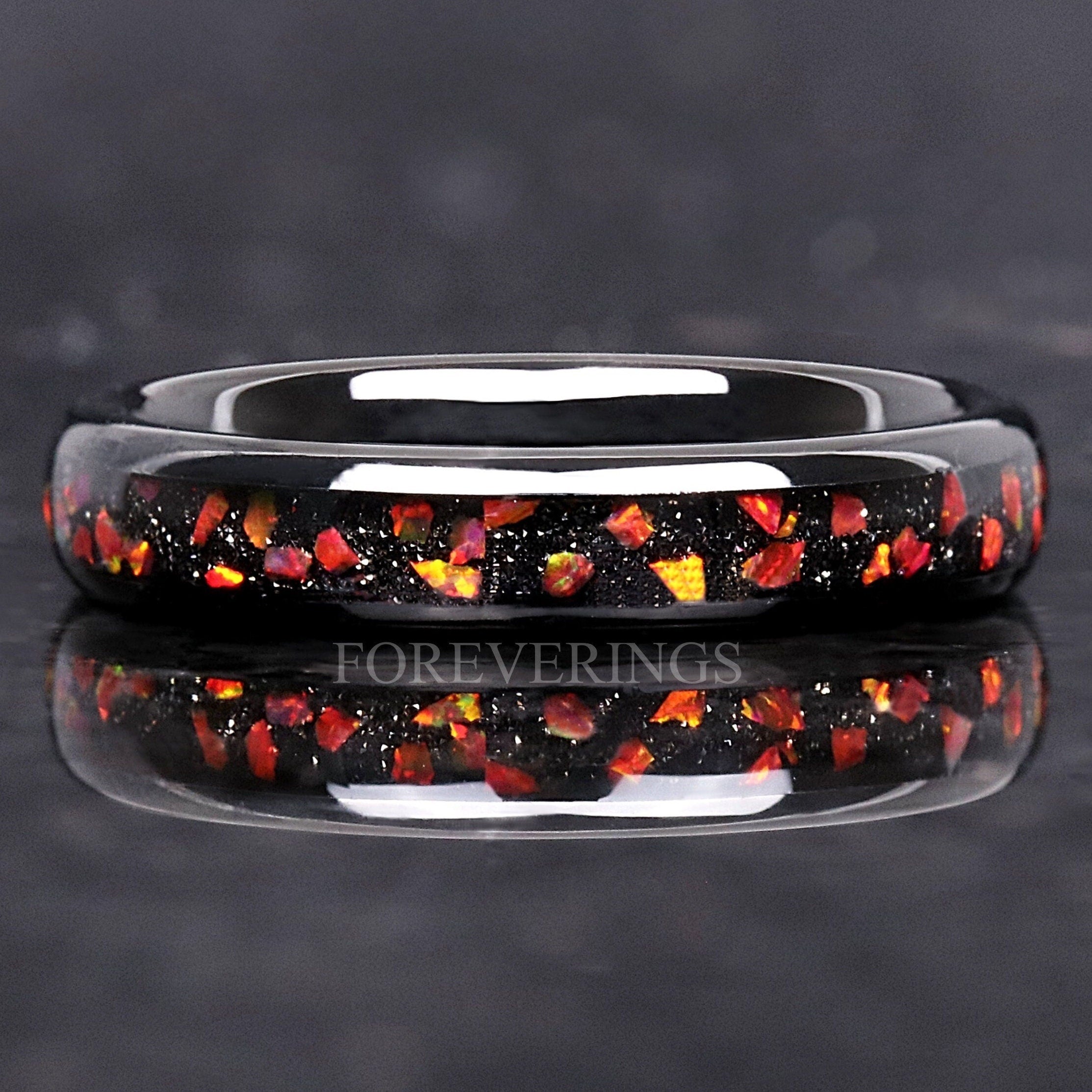 Red Fire Opal Nebula Ring, 4mm Tungsten Wedding Band, Red Fire Opal, Women Men Ring, Black Ring, Red Opal Ring, Dome, Polish, Comfort Fit