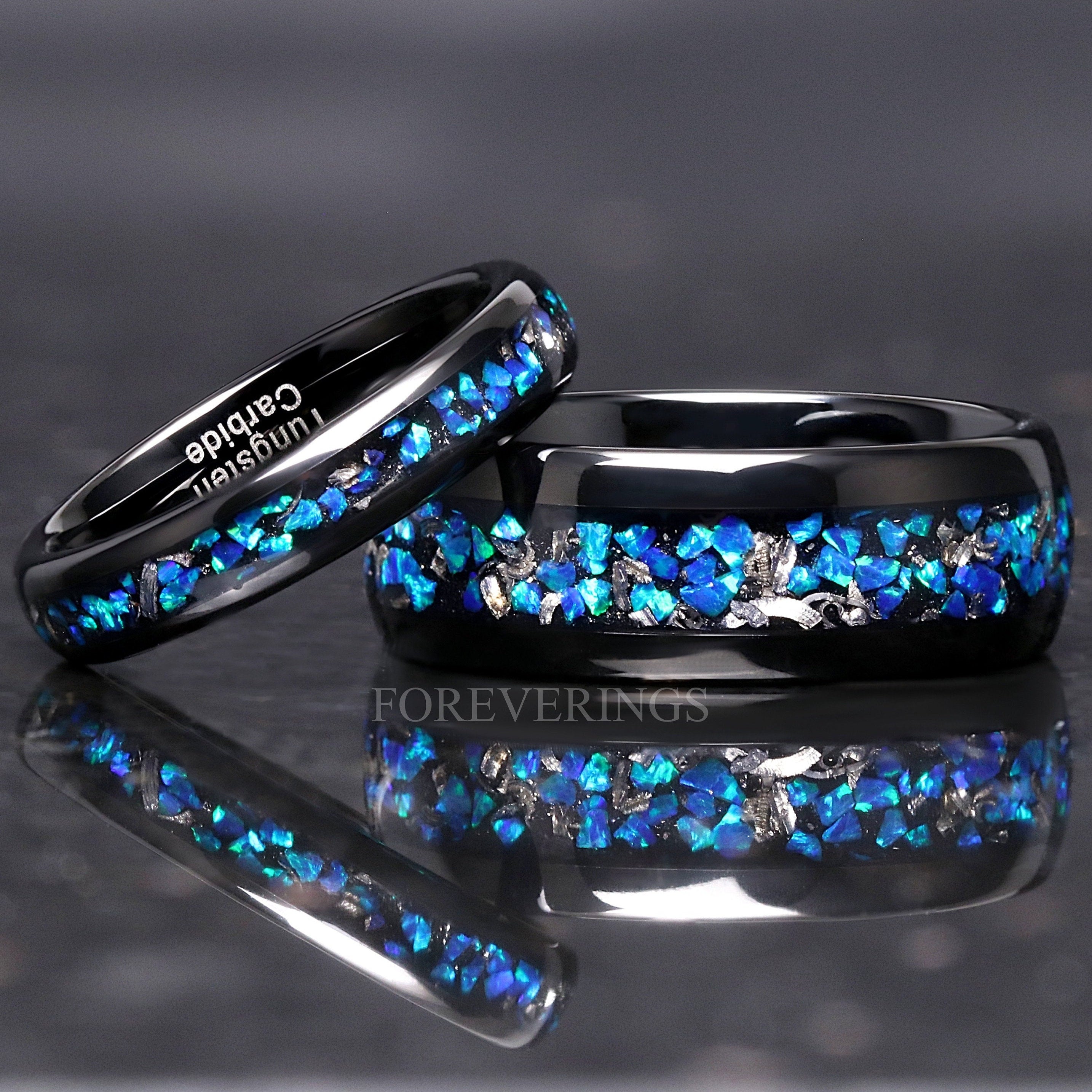 Meteorite and Blue Opal Ring Set, His and Hers Tungsten Wedding Bands, 8mm & 4mm Black Ring Set, Couples Ring, Polish, Dome, Comfort Fit