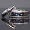 Matching hammered silver tungsten couples ring set with meteorite and galaxy opal inlay, 8mm and 4mm