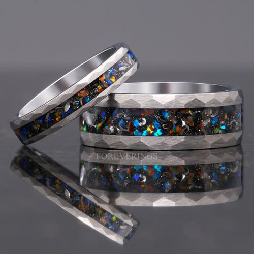 Matching hammered silver tungsten couples ring set with meteorite and galaxy opal inlay, 8mm and 4mm