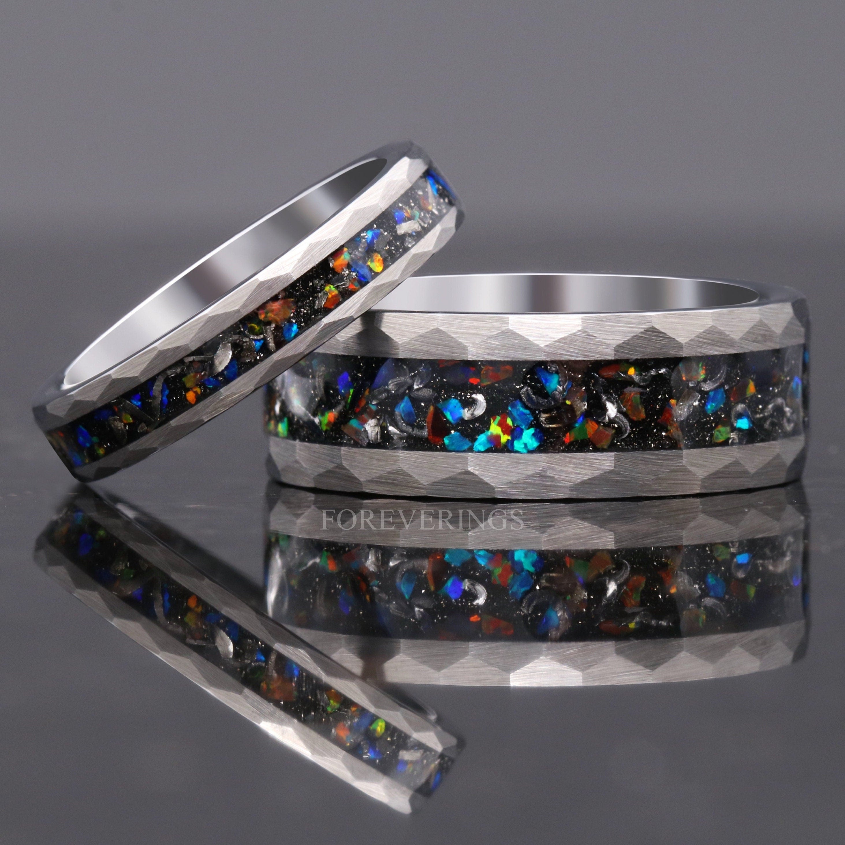 Meteorite and Galaxy Opal Ring Set, His and Hers Tungsten Wedding Band, 8mm & 4mm Silver Rings, Hammer, Couples Ring, Brush, Comfort Fit