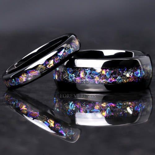 Matching black tungsten couples ring set with crushed moonstone Veil nebula inlay, 8mm and 4mm