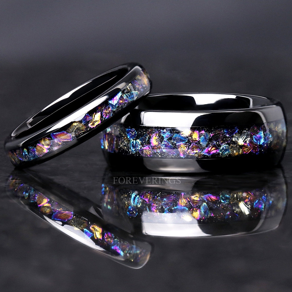 Matching black tungsten couples ring set with crushed moonstone Veil nebula inlay, 8mm and 4mm
