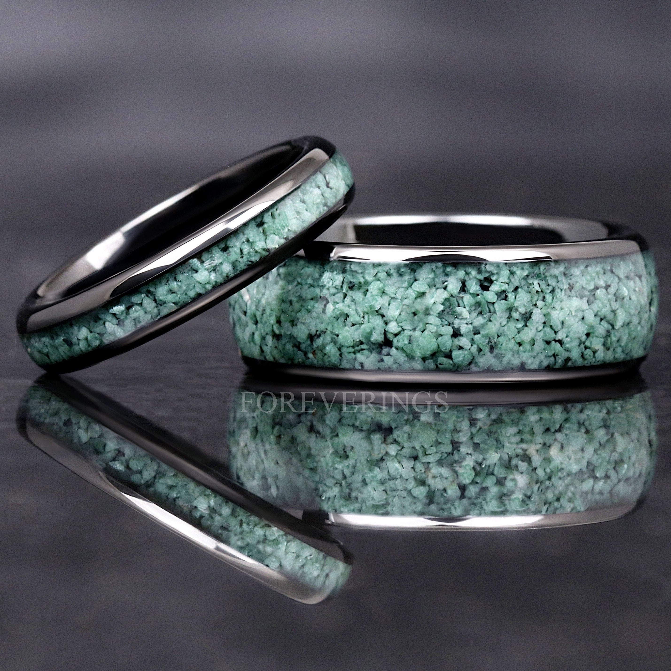 Green Moss Agate Ring Set, His and Her Tungsten Wedding Band, 8mm & 4mm Black Ring Set, Polish, Dome, Comfort Fit, Birthday Anniversary Gift