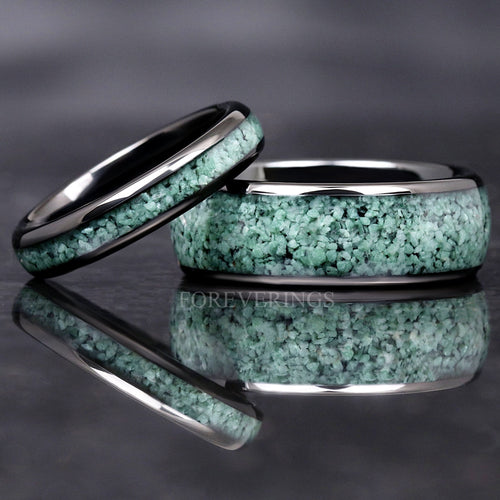 Matching black tungsten couples ring set with green moss agate inlay, 8mm and 4mm