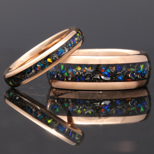 Matching rose gold tungsten couples ring set with meteorite and galaxy opal inlay, 8mm and 4mm