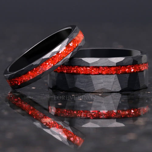 Matching black hammered tungsten couples ring set with crushed ruby inlay, 8mm and 4mm