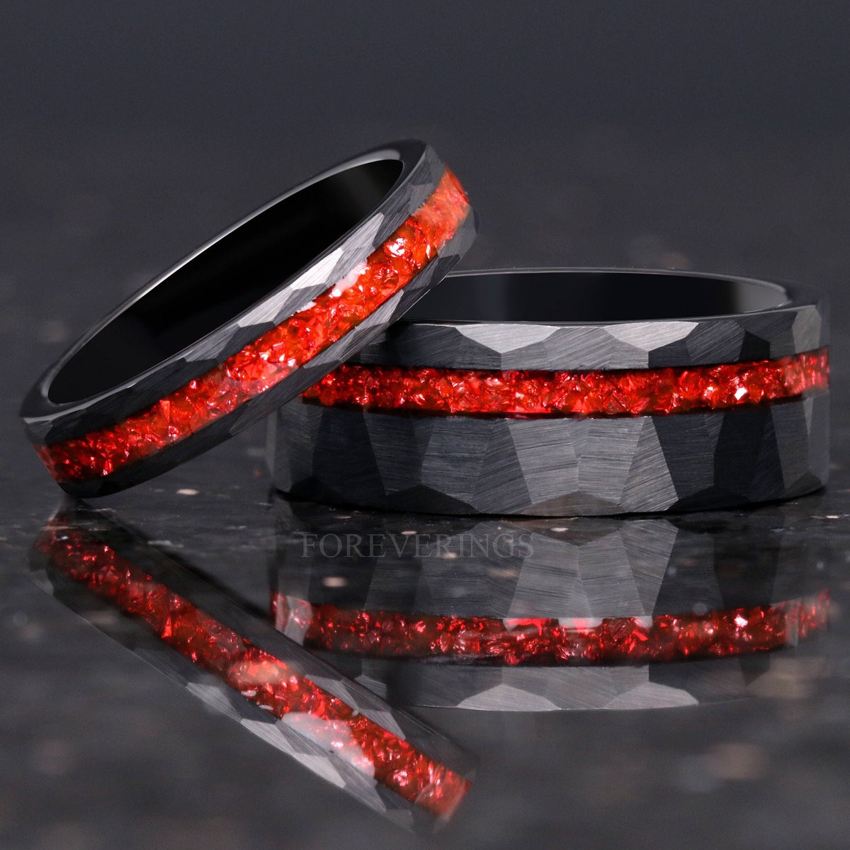 His and Hers Ruby Hammered Tungsten Wedding Band, 8mm & 4mm Black Tungsten Ring Set, Red German Glass Stones, Flat, Brushed, Ring Engraving