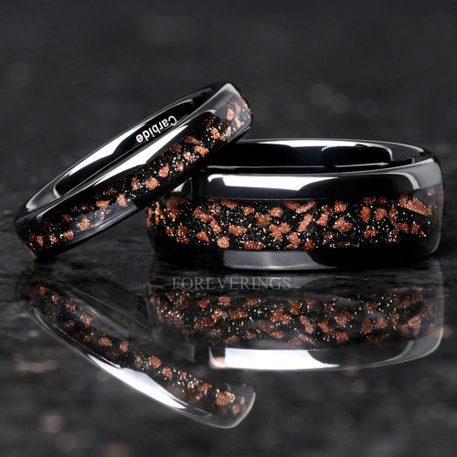 Matching black tungsten couples ring set with red goldstone inlay, 8mm and 4mm