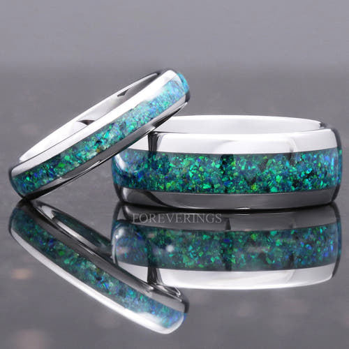Matching silver tungsten couples ring set with green emerald opal inlay, 8mm and 4mm