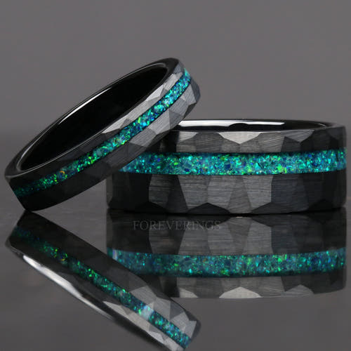 Matching black hammered tungsten couples ring set with emerald green opal inlay, 8mm and 4mm