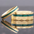 Matching gold tungsten couples ring set with emerald fire opal inlay, 8mm and 4mm, hammered finish