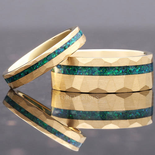 Matching gold tungsten couples ring set with emerald fire opal inlay, 8mm and 4mm, hammered finish