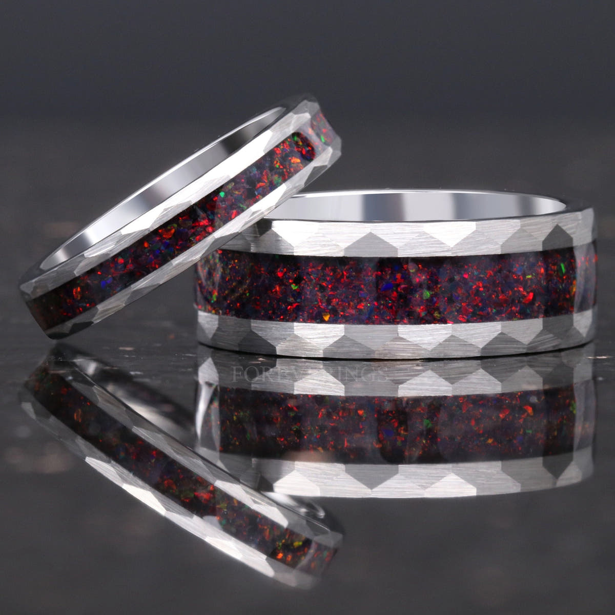Matching hammered silver tungsten couples ring set with black fire opal inlay, 8mm and 4mm
