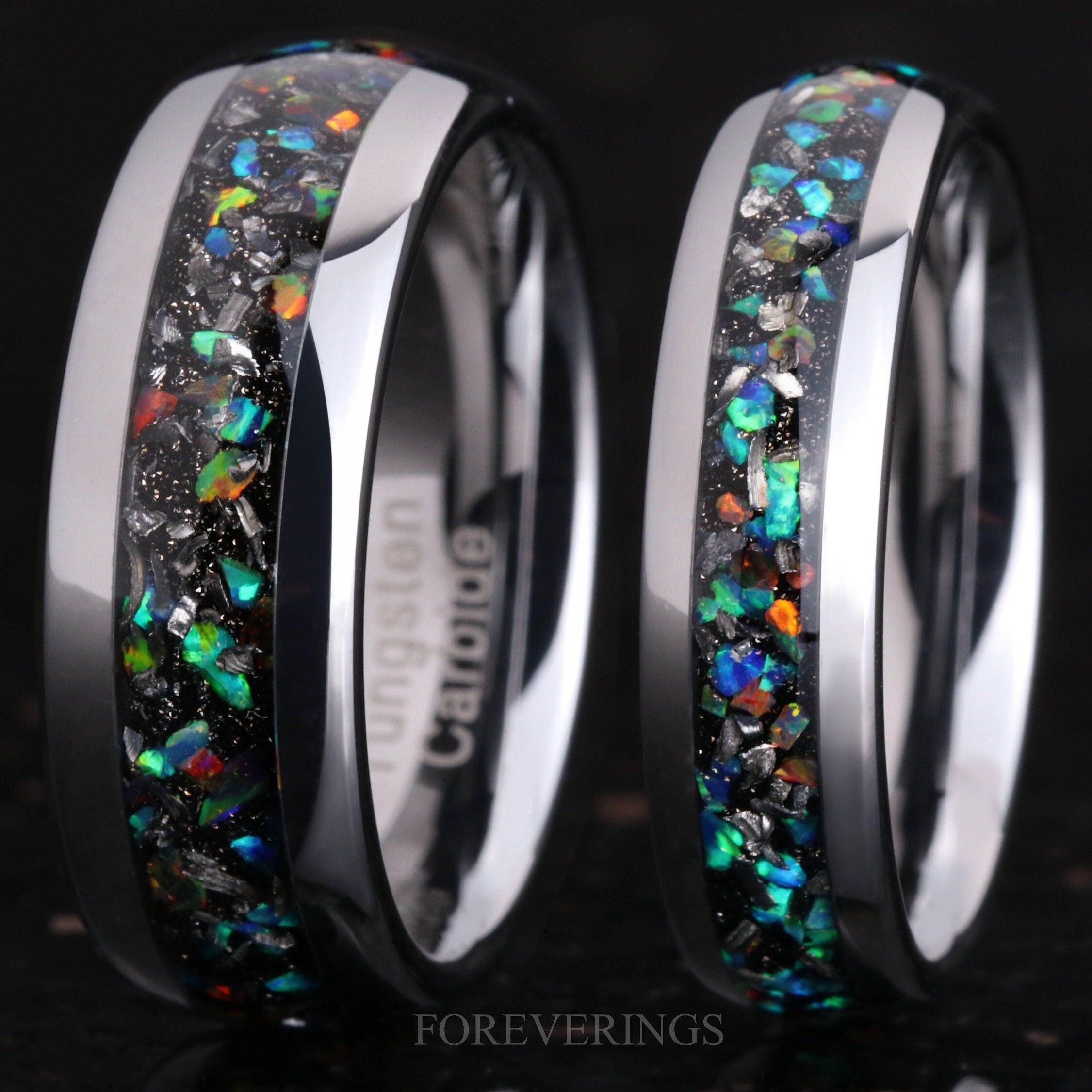 Mens Meteorite Galaxy Opal Ring, Silver Tungsten Ring, 8mm 6mm Mens Wedding Band, Unique Meteorite Ring, Ring Engraving