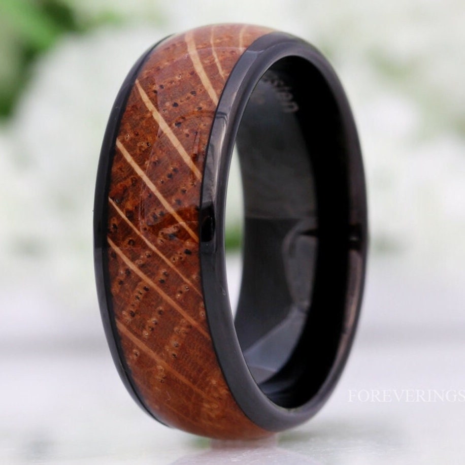 Whiskey Barrel, Mens Tungsten Wedding Band, 8mm Black Tungsten Ring, Wood and Metal Ring, Comfort Fit, Unique Ring, Polished, Dome