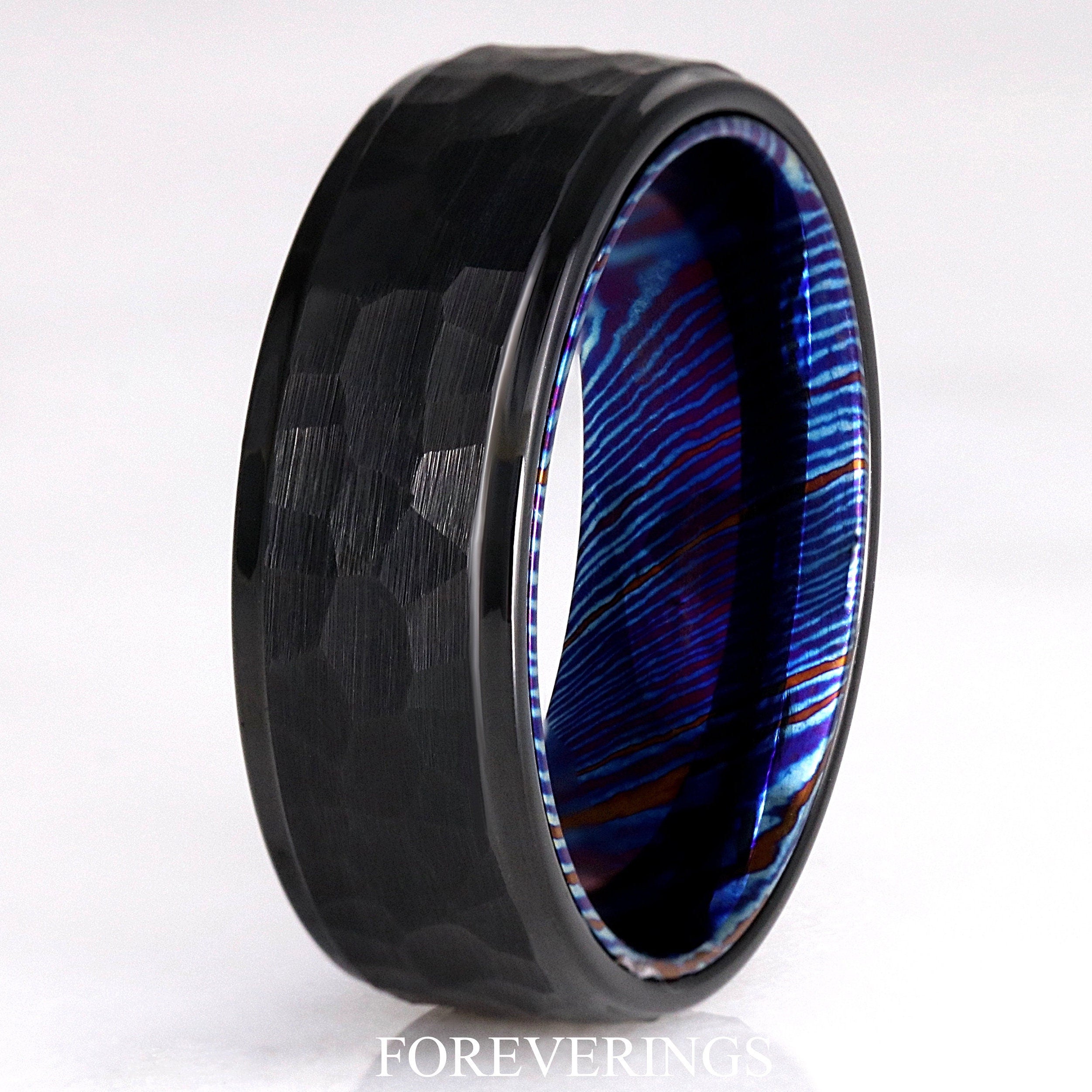 Timascus Black Hammered Ring, Man Tungsten Wedding Band, Matte Brushed, Facet, Flat, 8mm Band, Man Promise Ring, Unique Blue Ring, Engraving