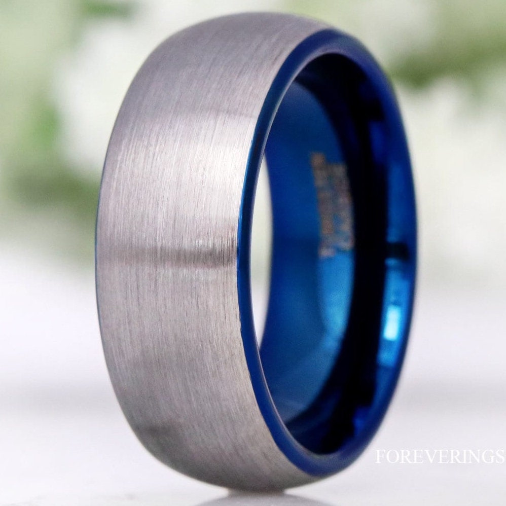 Blue Tungsten Ring, Mens Wedding Band, Mens Ring Blue, Two Tone, Blue and Silver, Brushed Ring, Dome, Silver Tungsten Band, Ring Engraving