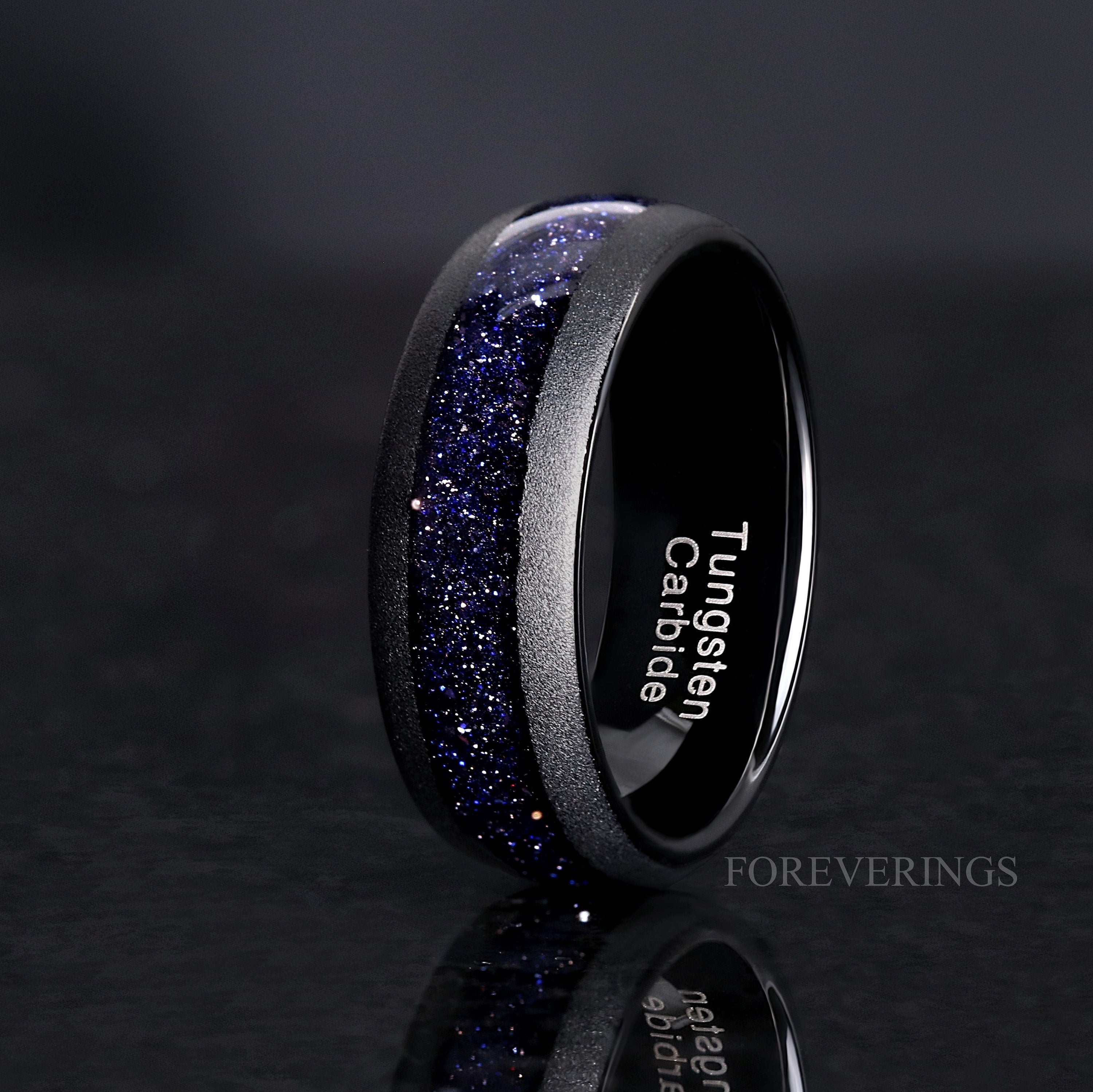 Rift Nebula Ring Set, His Her Starry Night Wedding Band, Personalized, Matching Couple Ring, Sandstone, Black Tungsten, 925 Silver