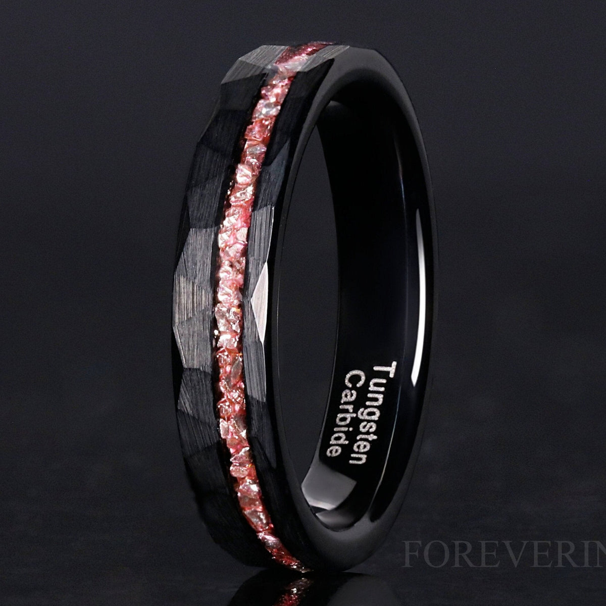 Hammered MORGANITE Ring Black Tungsten Band, Offset Crushed Morganite Glass Stone, 4mm Man Woman Wedding Band, Matte Brush, Ring Engrave
