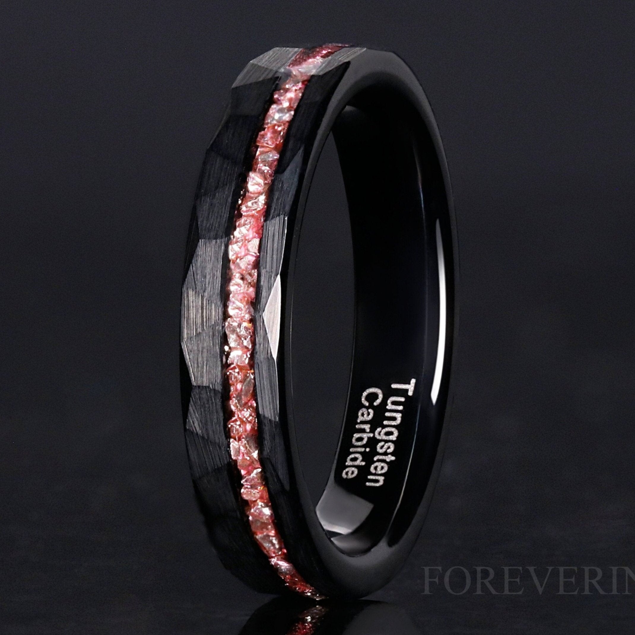 Hammered MORGANITE Ring Black Tungsten Band, Offset Crushed Morganite Glass Stone, 4mm Man Woman Wedding Band, Matte Brush, Ring Engrave