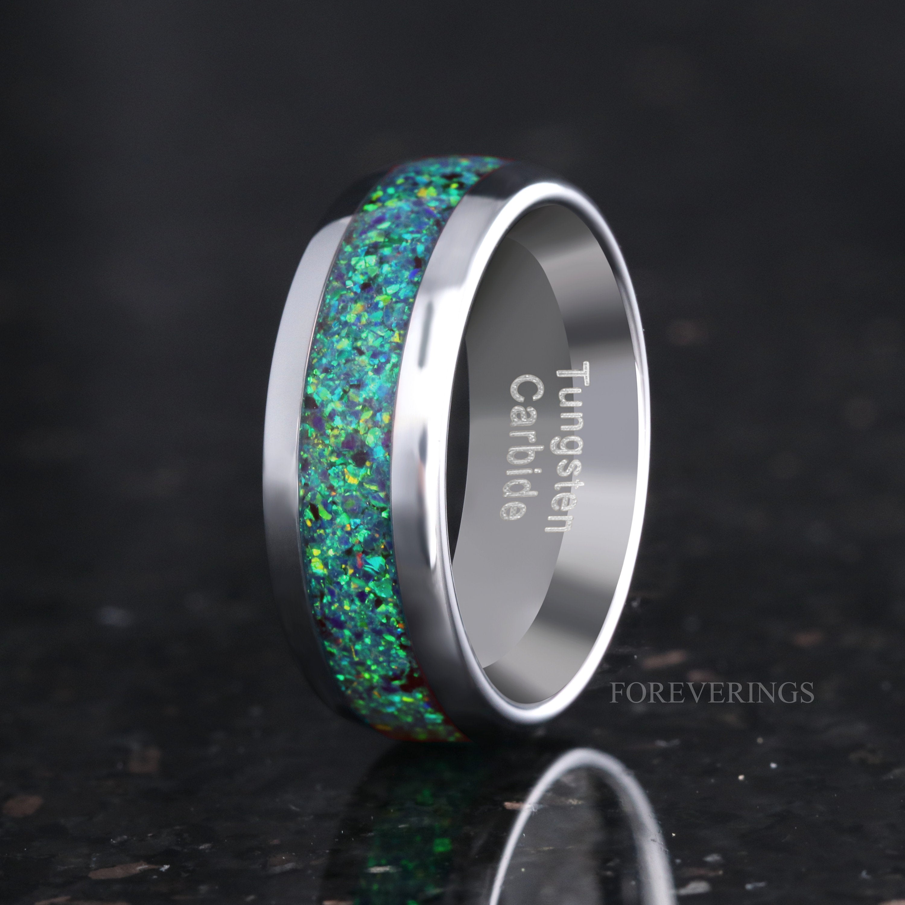 Emerald Coast Ring, 8mm Tungsten Wedding Band, Black Emerald Opal Ring, Silver Tungsten Ring, Polish, Dome, Comfort Fit, Gift for Him