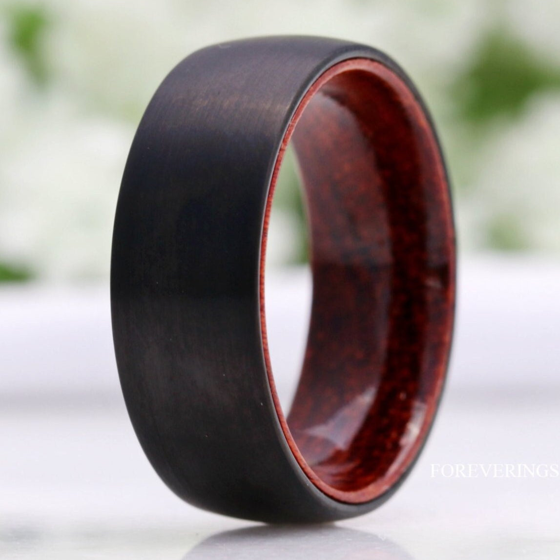 Mens Tungsten Wedding Band, Wood Wedding Band, Rosewood, Black Ring, Domed, Comfort Fit, 8mm Ring, Birthday Anniversary Gift for Him