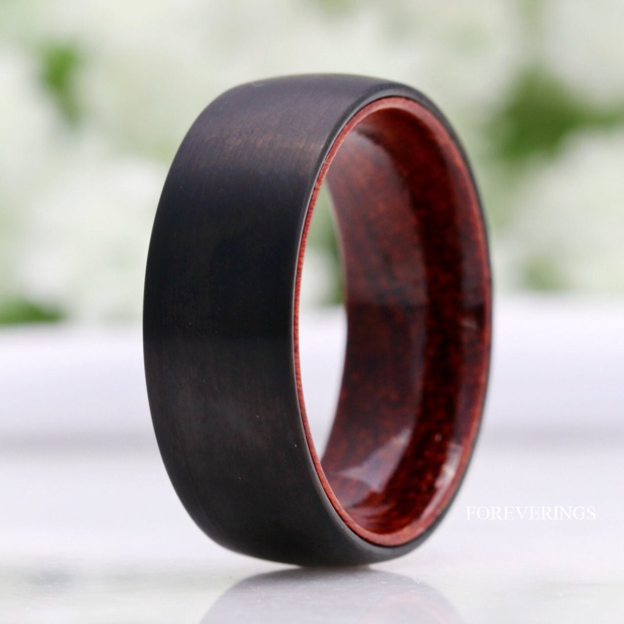 Mens Tungsten Wedding Band, Wood Wedding Band, Rosewood, Black Ring, Domed, Comfort Fit, 8mm Ring, Birthday Anniversary Gift for Him