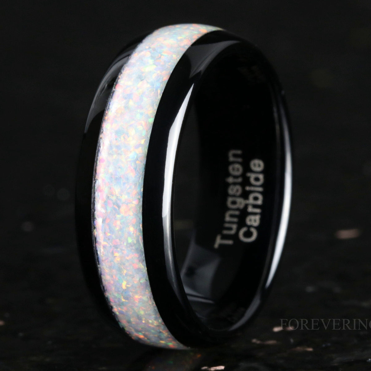 White Fire Opal Mens Wedding Band | 8mm Domed Black Tungsten