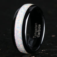 White Fire Opal Mens Wedding Band | 8mm Domed Black Tungsten