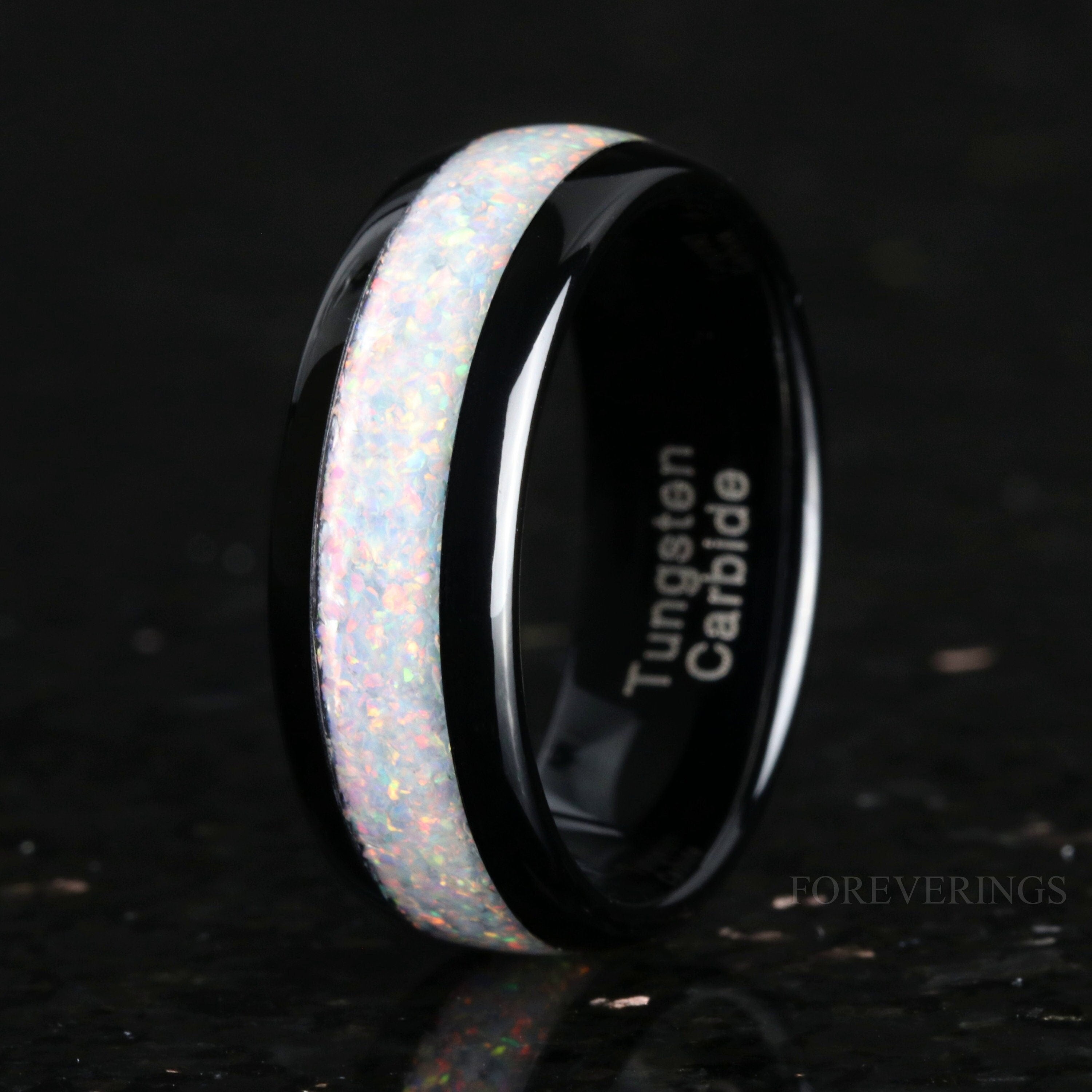 8mm White Fire Opal Ring, Black Tungsten Ring, Men Wedding Band, Crushed White Opal, Polished, Dome, Comfort Fit, Unique Ring, Gift for Him