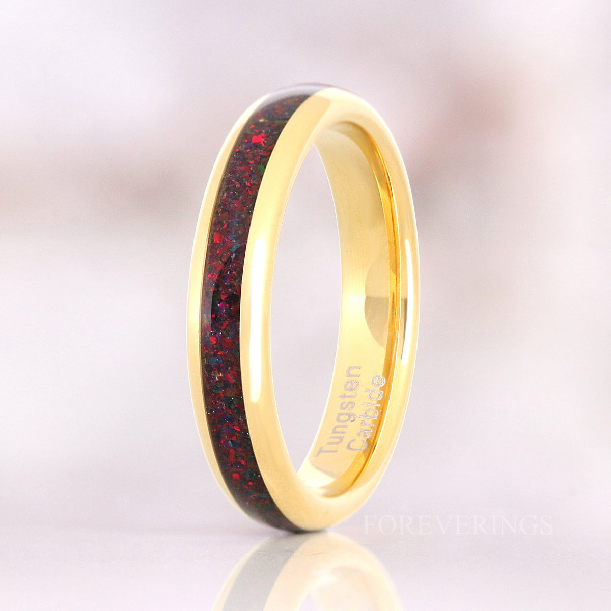 Crushed Black Fire Opal Ring | 4mm Gold Tungsten Band