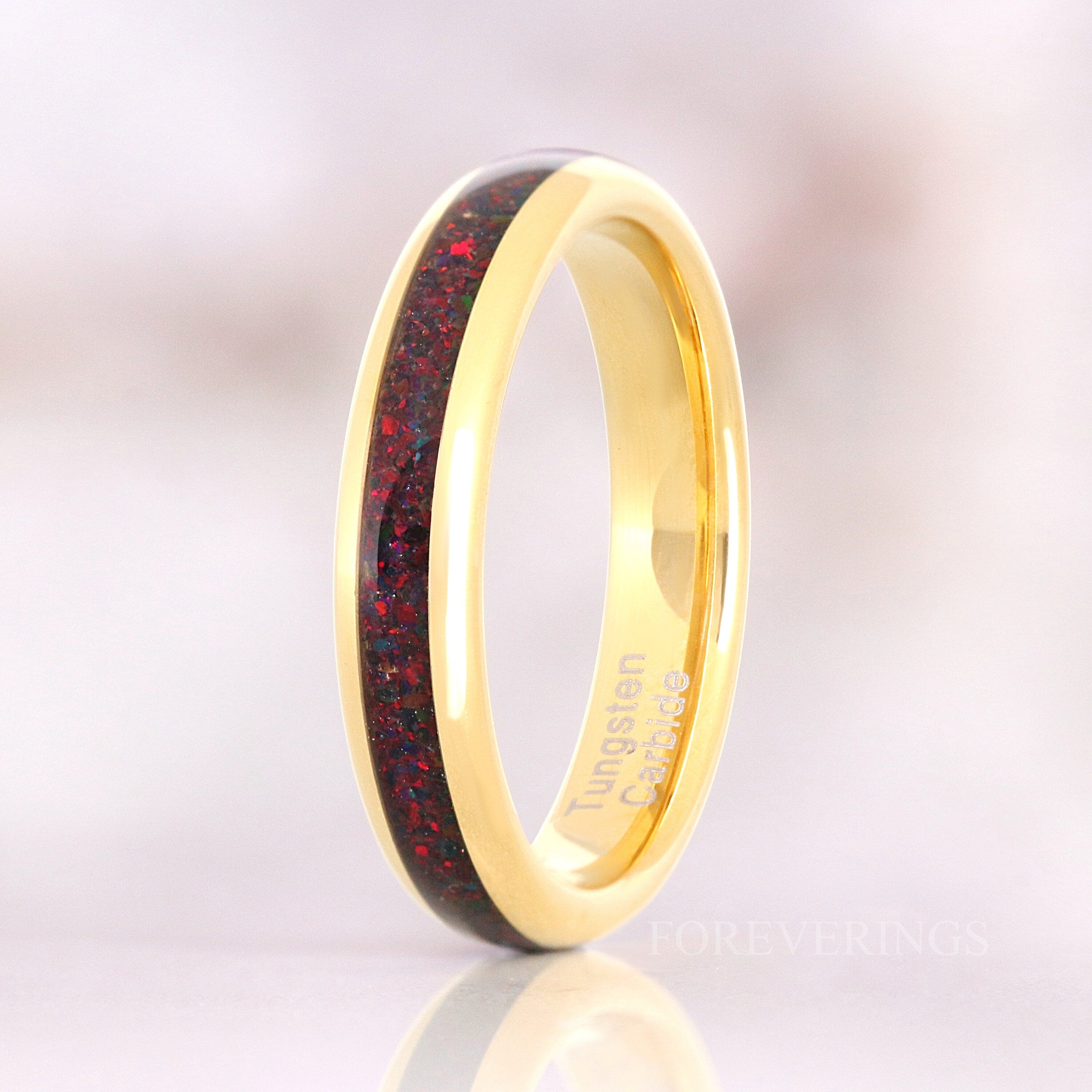 Crushed Black Fire Opal Ring Gold Tungsten Band, 4mm Women Men Wedding Ring, Black Opal Ring, Dome, Polish, Comfort Fit, Ring Engrave